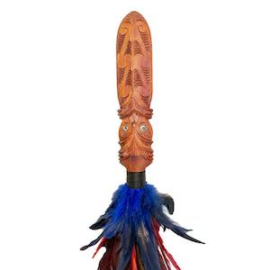 Internet only: Totara Taiaha with Ngutu Kaka Carving and Red and Blue Feathers