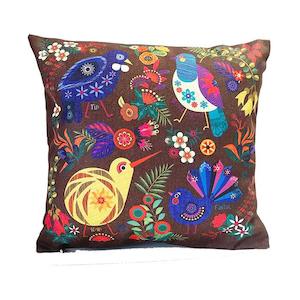 NZ Birds and Flower Chocolate Brown Cushion Cover