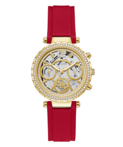 Guess Gold Tone Case Red Rubber Strap Women's Watch GW0484L1