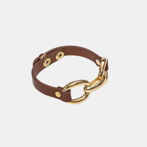 Leather Gold Chain Link Bracelet - Tan