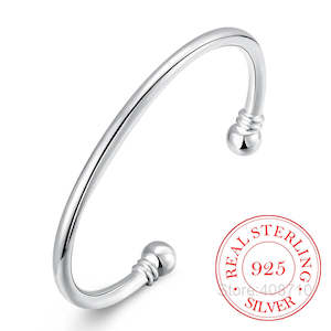 925 Silver Open Cuff Bangle / Bracelet Double Bead