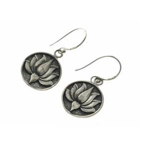 .925 Sterling Silver Round Lotus Flower Dangle Earrings