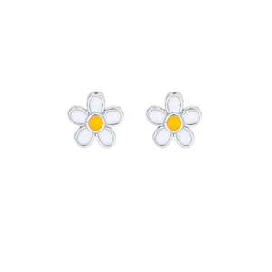 White Daisy Enamel Studs - Silver