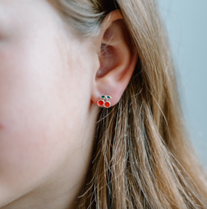 Cherry Enamel Studs - Silver