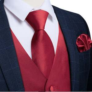 Red Solid Satin Waistcoat Vest Tie Handkerchief Cufflinks Set- Md-0318