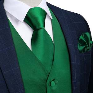 GREEN  SOLID SATIN WAISTCOAT VEST TIE HANDKERCHIEF CUFFLINKS SET- MD-0316