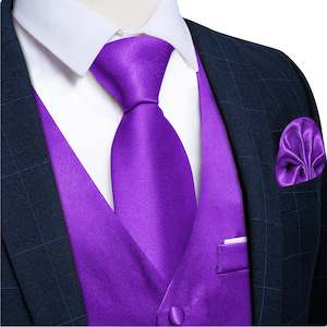 Deep Purple Solid Satin Waistcoat Vest Tie Handkerchief Cufflinks Set- MJ-0647