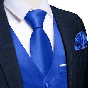 Menswear: Blue Solid Satin Waistcoat Vest Tie Handkerchief Cufflinks Set- MJ-0642