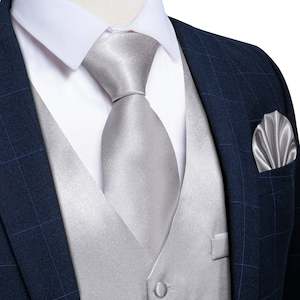 Menswear: Grey Solid Satin Waistcoat Vest Tie Handkerchief Cufflinks Set- MJ-0636