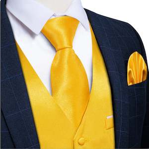 Yellow Solid Satin Waistcoat Vest Tie Handkerchief Cufflinks Set-MJ-0632