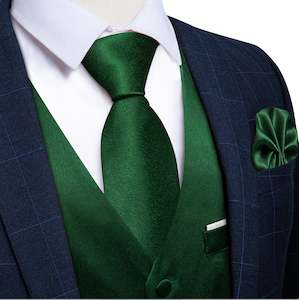 Green Solid Satin Waistcoat Vest Tie Handkerchief Cufflinks Set- MJ-0639