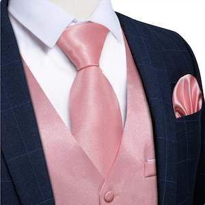 Menswear: Rose Pink Solid Satin Waistcoat Vest Tie Handkerchief Cufflinks Set-MJ-0634