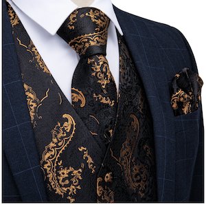 Black Gold Floral Jacquard Silk Wastcoat Vest Handerchif Cufflinks Tie Vest Set- Mj-0123