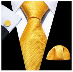 Simon.Von Yellow Tie Striped Silk Tie Hanky Cufflinks Set - N5091