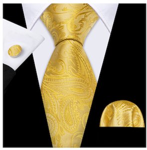 Simon Von Gold Tie Paisley Silk Mens Tie Pocket Square Cufflinks Set- N-5220