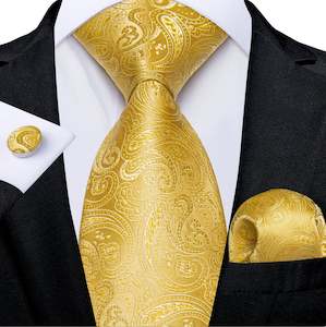 Royal Yellow Paisley Tie Pocket Square Cufflinks Set- N-7458