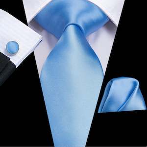 Pale Blue Solid Silk Tie Handkerchief Cufflinks Set- N-3141