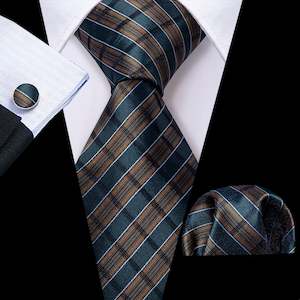 Brown Green Striped Men's Tie Pocket Square Cufflinks Set- N-5737