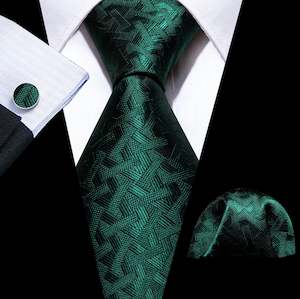 Menswear: Green Lattice Men's Tie Handkerchief Cufflinks Set- N-5847