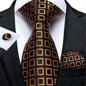 Black   Orange Square Plaid Tie Pocket Square Cufflinks Set- N-7303