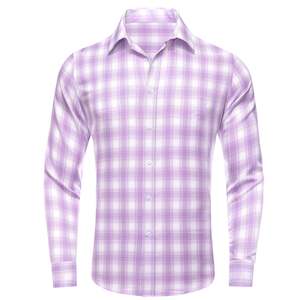 Simon Von Button Down Shirt Purple White Plaid Men's Silk Long Sleeve Shirt-CY-1930