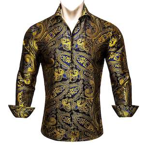 Simon.Von Gold Blue Black Paisley Pattern Silk Men's Formal Shirt- CY-0444