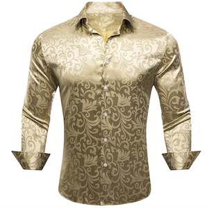 Simon.Von Champagne Gold Paisley Silk Men's Long Sleeve Shirt- CY-0689