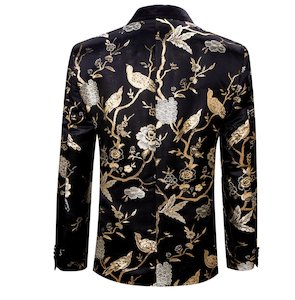 Simon Von Men's Black Gold Floral Suit Jacket Slim One Button Stylish Blazer-XX0014