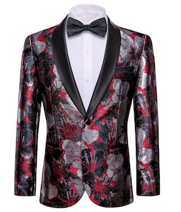 Men's Dress Party Red Grey Floral Suit Jacket Slim One Button Stylish Blazer-XX-0034