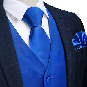 BLUE  SOLID SATIN WAISTCOAT VEST TIE HANDKERCHIEF CUFFLINKS SET- MD-0315