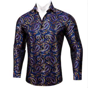 Menswear: Simon.Von Blue Gold Paisley Silk Men's Shirt-CY-0461