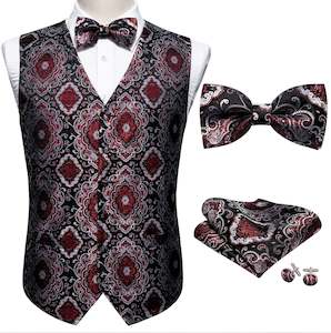 Novelty Men's Black Brown Paisley Silk Vest Bowtie Pocket square Cufflinks- MJ-2508