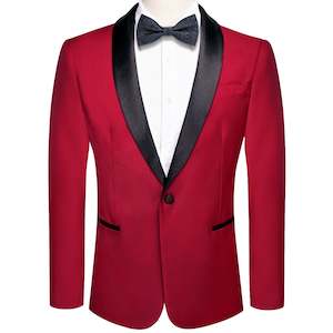 Black Shawl Collar Crimson Red Solid Blazer - XX-1037