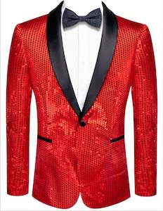 Sequin Red Solid Jacket with Black Shawl Collar  - XX-1083