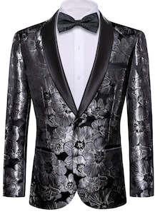 Men's Dress Party Black Floral Suit Jacket Slim One Button Stylish Blazer-XX-0040