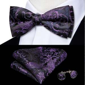 Black Purple Blue Paisley Pre-tied Bow Tie Hanky Cufflinks Set-LH-0566