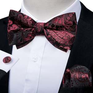 BLACK CLARET FLORAL SILK MEN'S PRE-BOWTIE POCKET SQUARE CUFFLINKS SET- LH-7090