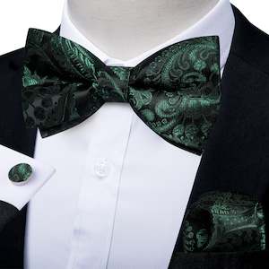 Black Green Floral Silk Bowtie Pocket Square Cufflinks Set-lh-7086