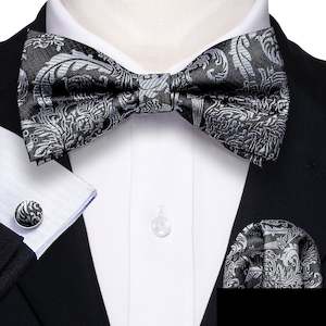 Black Silver Floral Silk Bowtie Pocket Square Cufflinks Set LH-0937