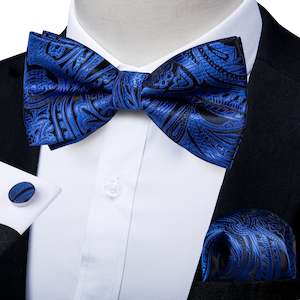 Blue Paisley Pre-tied Bow Tie Hanky Cufflinks Set- LH-0171