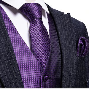 Men's Purple Plaid Silk Vest Necktie Pocket square Cufflinks.MJ-2026