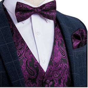 Luxury Black Marron Paisley Silk Men's Vest Bow Tie Hanky Cufflinks Set.MJ-2072