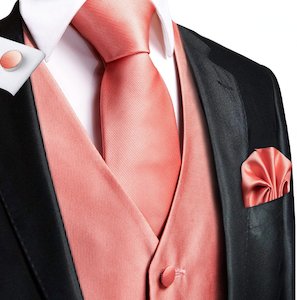 Orange-Pink  4 PC Paisley Silk Waistcoat and Necktie Pocket Square Cufflink Vest…