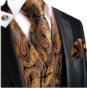 Brown Golden  4 PC Paisley Silk Waistcoat and Necktie Pocket Square Cufflink Ves…