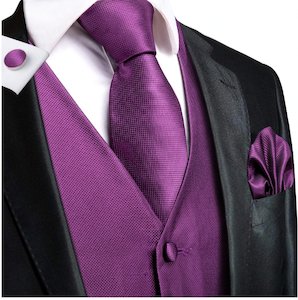 Plum Purple Plaid Silk Paisley Men's 4pc Waistcoat Vest Necktie Pocket Squa…