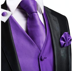 Menswear: Purple Plaid Silk Paisley Men's 4pc Waistcoat Vest Necktie Pocket Square Cufflinks Set- MJ-2032