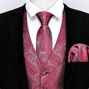 Red  And Grey Floral Silk 4pc Waistcoat Vest Necktie Pocket Square Cufflinks Set-MJ-2043