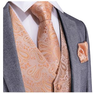 Peach  Paisley Waistcoat and Necktie Pocket Square Cufflink Vest Set- MJ-0108