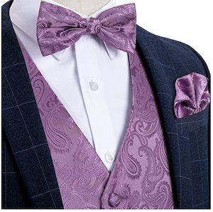 SLIVER PURPLE PAISLEY JACQUARD SILK WAISTCOAT VEST HANDKERCHIEF CUFFLINKS BOW-TI…