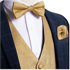 Golden Solid Jacquard Silk Men's 4pc Waistcoat Vest Necktie Pocket Square C…